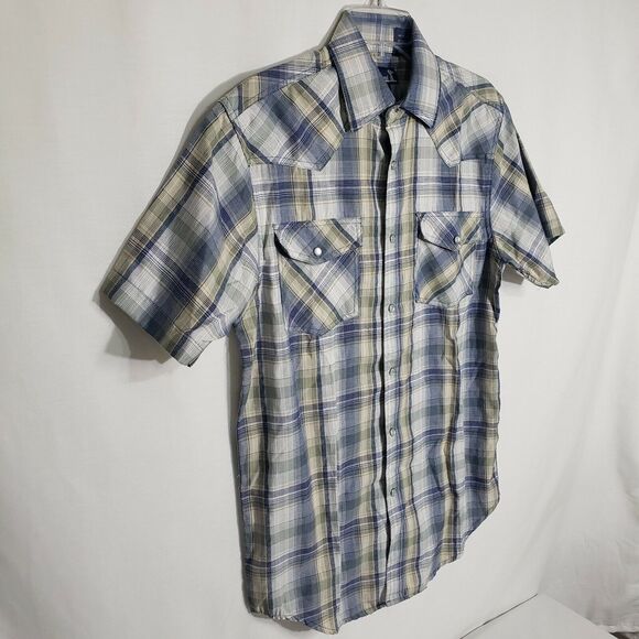 RK Brand Mens Shirt Size Small Western Pearl Snap 2 Pocket Blue Plaid Short Slv - Picture 6 of 9